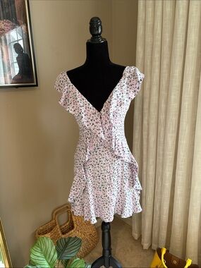 AFRM Pink Floral Ruffle V-Neck Mini Dress